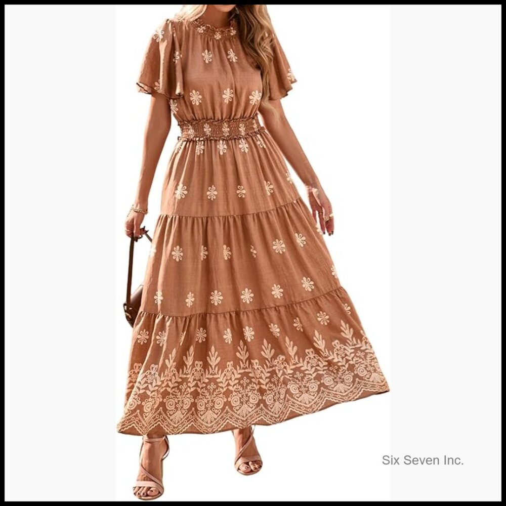 Viscose Maxi Dress with Smocked Waist and Pockets for Wedding Guest